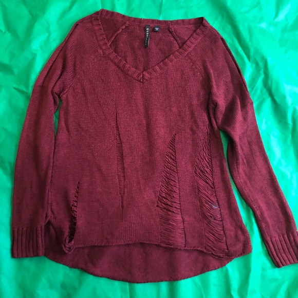 Burgundy GUESS long sleeve unique sweater. - Picture 1 of 5